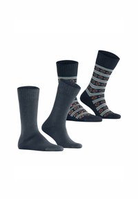 Drei Paar Socken: einfarbig dunkelgrau, mit geripptem Bündchen und zwei Paar mit floralen Mustern in Blau und Orange. Weiche Textur, in Knöchelhöhe und Crew-Stil.