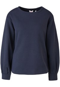 Marinblå sweatshirt i mjuk bomull med rund halsringning och långa, försiktigt samlade ärmar med åtsittande muddar.