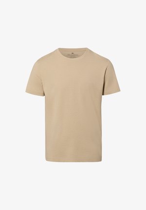 Maglietta beige a maniche corte con collo rotondo e trama liscia, mostrata su sfondo bianco.