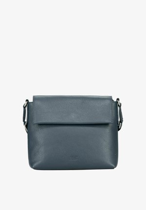 Sac bandoulière en cuir grainé bleu foncé avec fermeture à rabat et sangle réglable avec accessoires métalliques.