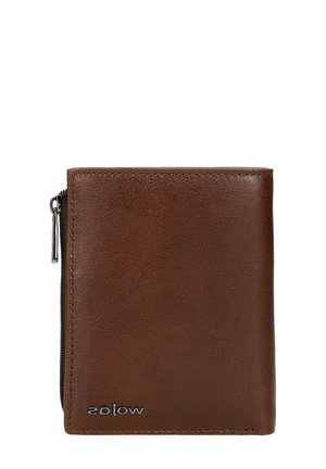 Bruine leren portemonnee met een ritssluiting, een gladde textuur en een reliëflogo van het merk. Compact rechthoekig van vorm met gestikte randen.