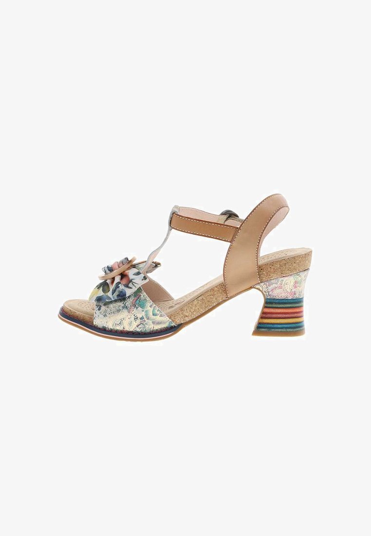 Sandale femme à bout ouvert avec bride avant fleurie multicolore, bride de cheville beige, fleur décorative, semelle en liège et talon bloc rayé.