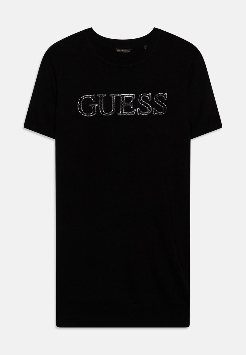 Schwarzes Baumwoll-T-Shirt mit dem Wort "GUESS" aus Strasssteinen auf der Brust, klassischem Rundhalsausschnitt und kurzen Ärmeln.