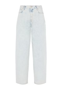 Hellblaue Denim-Jeans mit lockerer Passform, geraden Beinen und minimalen Used-Elementen. Mit Knopfverschluss und fünf Taschen-Design.