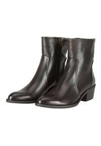 Stivali ankle in pelle nera con finitura liscia, zip laterale, punta rotonda e tacco a blocco basso. Presentano un design minimalista.