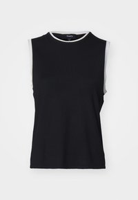 Top negro sin mangas con cuello redondo, que presenta un ribete blanco en el escote y las sisas. Fabricado en tejido suave.
