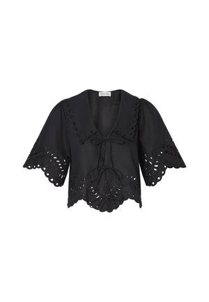 Svart kortermet bluse med bølgete kanter, blomstret hullbroderi, vid krage og knyting foran.