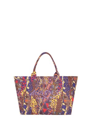 Borsa tote con motivi colorati geometrici e animali e la parola "AGIVENESS" sul davanti, dotata di due manici superiori.