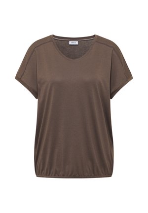 Top marron à manches courtes pour femme avec encolure ronde, détails délicats sur la couture des épaules et ourlet élastiqué, de la marque Cecil.