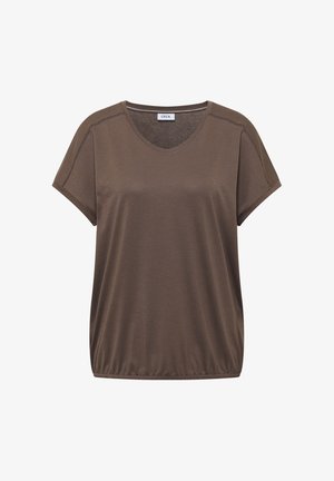 Top marron à manches courtes pour femme avec encolure ronde, détails délicats sur la couture des épaules et ourlet élastiqué, de la marque Cecil.