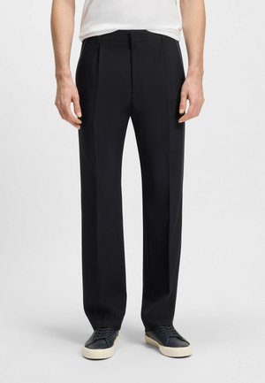 Black tailored trousers featuring a flat front, side pockets, and a straight-leg design. Made of smooth fabric with a slight sheen.