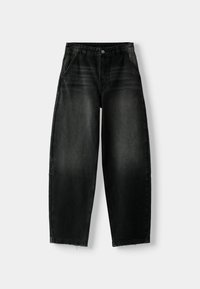 Schwarze Denim-Jeans mit lockerer Passform, ausgestattet mit einem Knopfverschluss, fünf Taschen und einer leicht verblassten Textur an den Oberschenkeln. Roh geschnittene Säume.