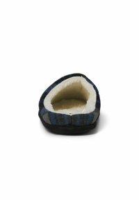 Chausson à motif écossais bleu et gris. Semelle noire, doublure intérieure beige douce, forme arrondie avec un profil bas. Design à l'arrière ouvert.