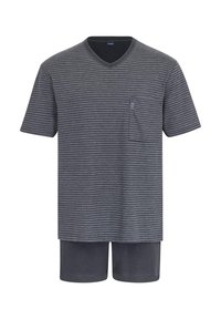 Grau gestreiftes kurzärmliges V-Ausschnitt-T-Shirt mit einer Tasche, kombiniert mit passenden grauen Shorts aus einem weichen, glatten Stoff.