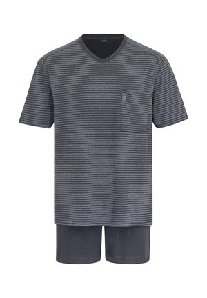 Gray striped short-sleeve V-neck T-shirt with a pocket, paired with matching gray shorts in a soft, smooth fabric.