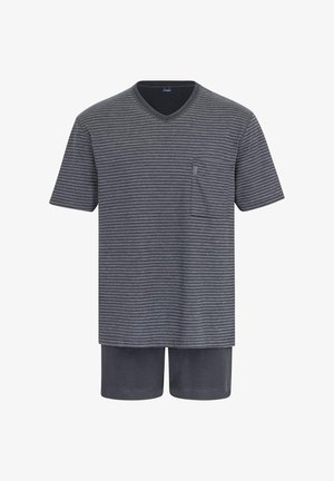 Grau gestreiftes kurzärmliges V-Ausschnitt-T-Shirt mit einer Tasche, kombiniert mit passenden grauen Shorts aus einem weichen, glatten Stoff.