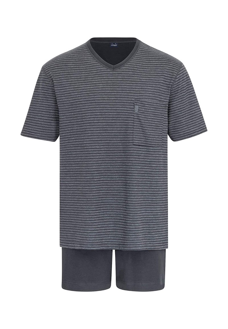 Grau gestreiftes kurzärmliges V-Ausschnitt-T-Shirt mit einer Tasche, kombiniert mit passenden grauen Shorts aus einem weichen, glatten Stoff.