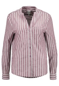 Chemise à manches longues rayée bordeaux avec rayures verticales blanches, design à boutons, et une poche poitrine unique, fabriquée dans un tissu léger.