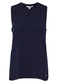 Top senza maniche in tessuto leggero di colore blu navy con scollatura a V, dettaglio a pieghe e piccolo accento metallico all'orlo. Texture liscia.