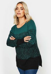 Sweter z długim rękawem, wykonany z dzianiny, w kolorze ombre od turkusowego do czarnego na brzegu, z prążkowanymi mankietami i bocznymi rozporkami.