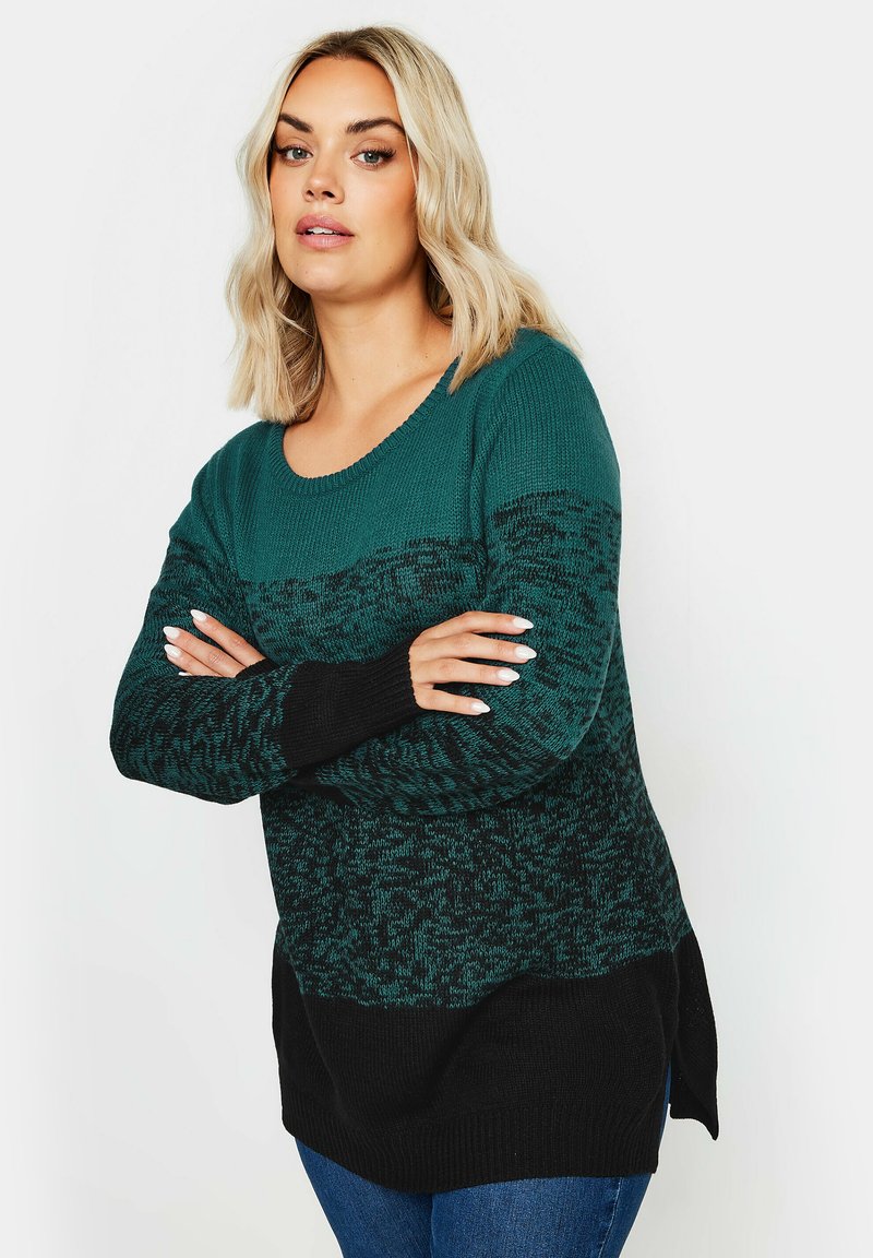 Sweter z długim rękawem, wykonany z dzianiny, w kolorze ombre od turkusowego do czarnego na brzegu, z prążkowanymi mankietami i bocznymi rozporkami.