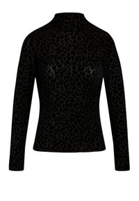 Maglione nero a maniche lunghe con collo alto, dotato di un sottile motivo leopardato e una silhouette aderente.