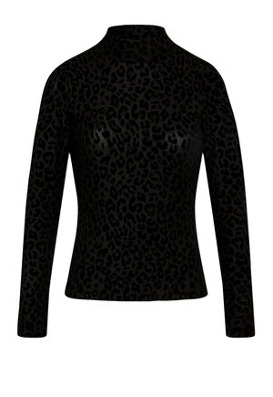 Schwarzes langärmeliges Turtleneck-Oberteil mit dezentem Leopardenmuster und taillierter Silhouette.