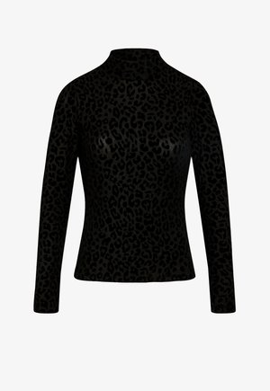 Schwarzes langärmeliges Turtleneck-Oberteil mit dezentem Leopardenmuster und taillierter Silhouette.