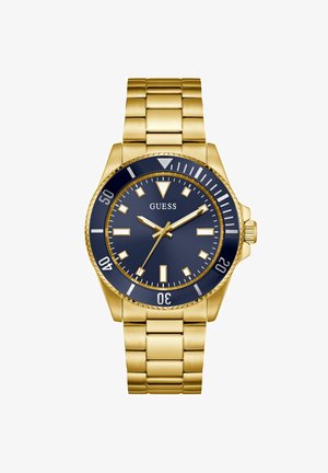 Gold-tone stainless steel watch with a navy blue dial, silver hour markers, and a matching link bracelet. Rotating bezel and embossed crown.