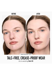 Confronto di prodotti per la cura della pelle che mostra la pelle non ritoccata. A sinistra c'è "prima"; a destra "dopo" l'uso della formula senza talco e a prova di pieghe nella tonalità Fair 01.