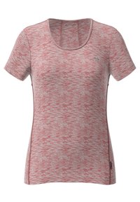 Rode en grijze T-shirt met korte mouwen, voorzien van een gestructureerd, gemêleerd patroon. Heeft een ronde halslijn en een klein logo aan de linkerkant.