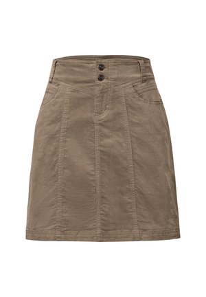 Brown cotton skirt featuring a fitted waist, two front pockets, and two decorative buttons at the top. Smooth texture with subtle seams.