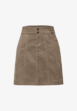 Falda de algodón marrón con cintura ajustada, dos bolsillos frontales y dos botones decorativos en la parte superior. Textura suave con costuras sutiles.