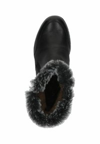 Stivaletto in pelle nera con colletto in pelliccia sintetica grigia, punta rotonda e superficie texturizzata. L'interno presenta una fodera marrone.
