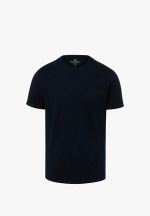 Heren effen donkerblauw T-shirt met korte mouwen en ronde hals van puur katoen, maat medium, met zichtbaar merkembleem aan de binnenkant van de kraag.