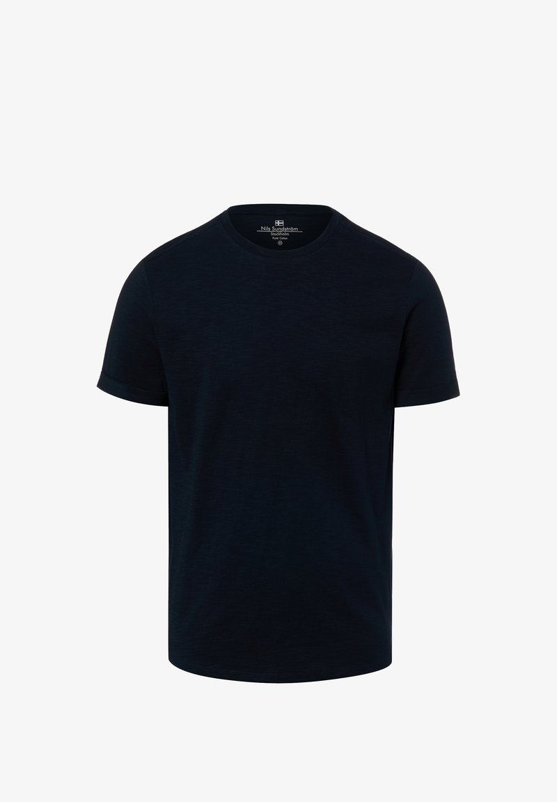 T-shirt uni pour homme, manches courtes, col rond, bleu marine foncé, en coton pur, taille moyenne avec étiquette de marque visible à l'intérieur du col.