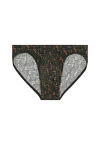 Herrenunterwäsche in einem dunkelgrünen Baumwollmix, mit orangefarbenen Tiger- und Blattmustern, einem weichen, elastischen Bund und kontrastierenden grauen Mesh-Bereichen.
