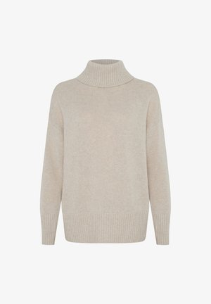 Beige turtleneck sweater with a ribbed collar and hem, featuring a soft, textured knit. Loose-fit design with dropped shoulders.