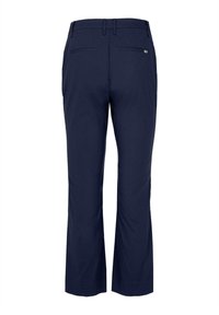 Pantaloni blu navy con taglio dritto, due tasche posteriori e una superficie liscia. Presentano una vita con passanti per cintura per una regolazione della vestibilità.