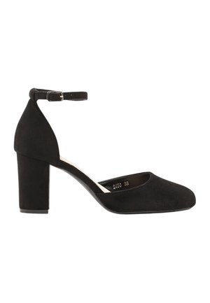 Chaussure pour femme en daim noir avec talon carré, bout pointu fermé et bride de cheville réglable avec boucle.