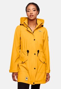 Yellow waterproof jacket with a hood, drawstring waist, button closure, and two front pockets. Smooth texture and durable material.