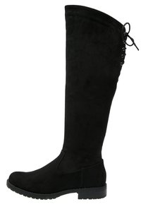 Bottes en daim noir au-dessus du genou avec un bout arrondi, un talon plat, et un design lacé sur le côté avec des boutons décoratifs à l'arrière.