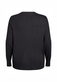 Čierny pulóverový sveter s dlhými rukávmi, výstrihom do V a rebrovaným lemom. Vyrobený z hladkej tkaniny, s jednoduchým, nezdobeným dizajnom.