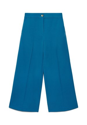 Pantaloni larghi a vita alta, corti, di colore blu petrolio con pieghe davanti e un unico bottone dorato in vita.