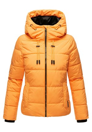 Jachetă portocalie căptușită, cu guler înalt și glugă cu șnur, având fermoar în față, buzunare laterale și manșete elastice negre.