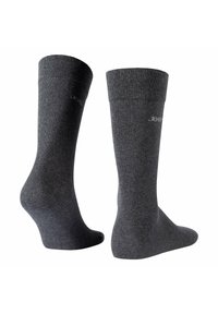 Calcetines de algodón grises con una banda superior acanalada y una textura suave, que presentan un sutil logo "JOOP!" en el lateral.