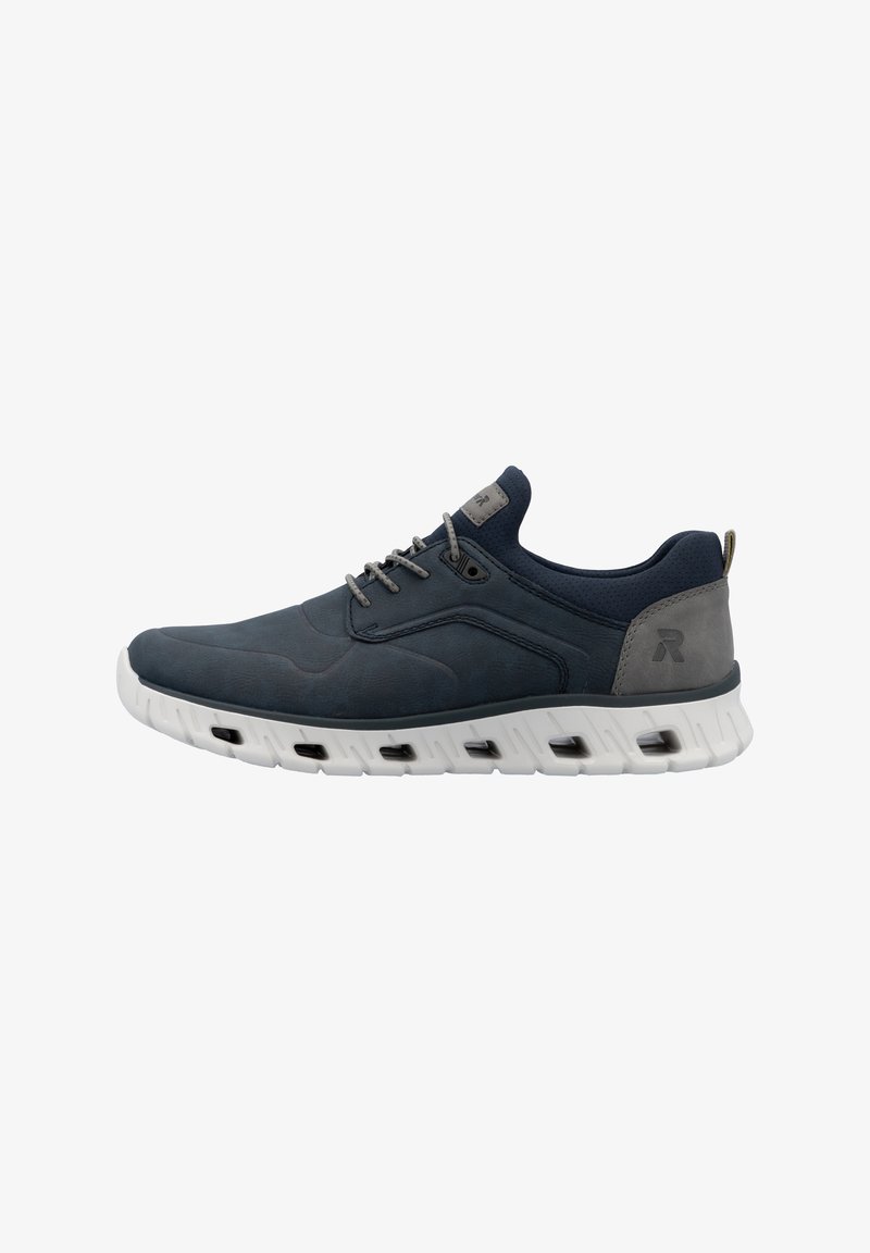 Navy blue athletic shoes with a smooth synthetic upper, gray accents, and a white, cushioned sole featuring ventilation holes.