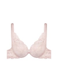 Lace bra in light pink featuring semi-transparent cups, scalloped edges, and satin straps. Floral pattern texture throughout.