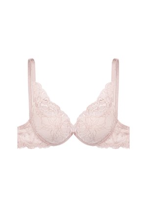 Lace bra in light pink featuring semi-transparent cups, scalloped edges, and satin straps. Floral pattern texture throughout.