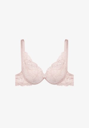Lace bra in light pink featuring semi-transparent cups, scalloped edges, and satin straps. Floral pattern texture throughout.